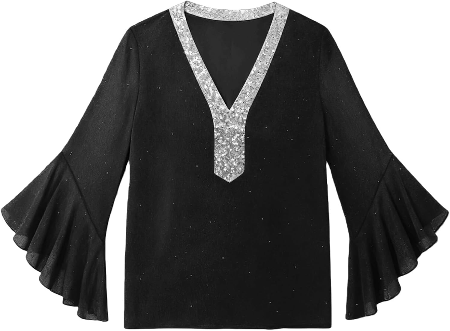 Glittrig festtopp för kvinnor, V-ringad, 3/4, utsvängd ärm, elegant, lös passform, paljett, blus, för kvällsklubb, cocktail, utekväll