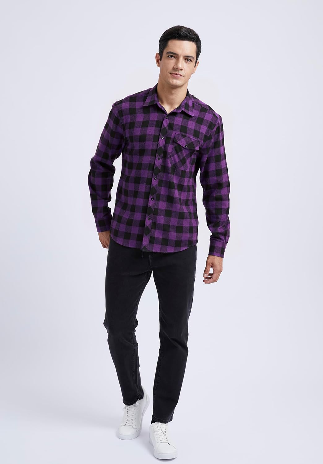 HISDERN Långärmad vardaglig rutig flanellskjorta rutig tartan button-down-skjortor för män S-4XL