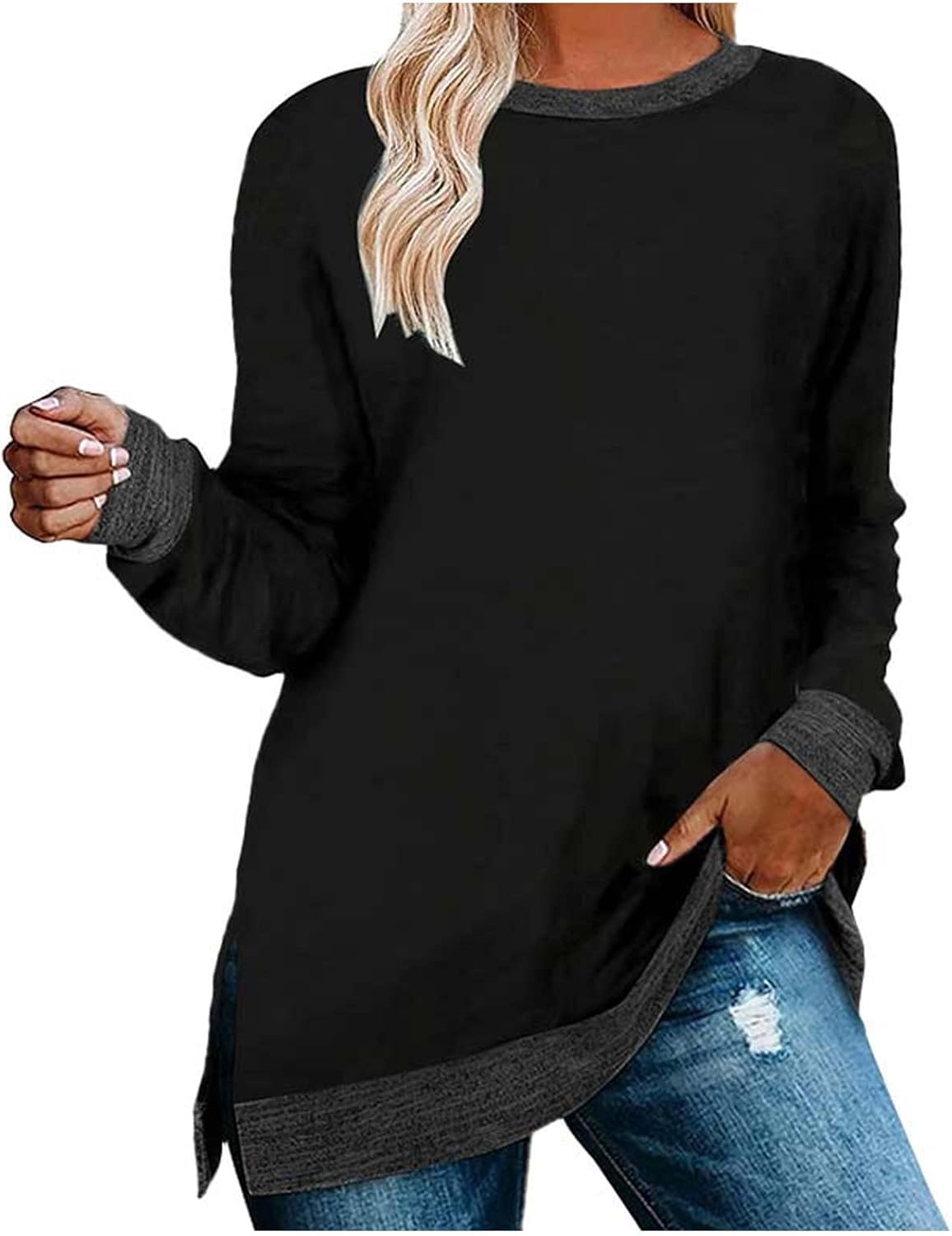 HUIFUAO T-shirt för kvinnor långärmad rund hals färgblock delad topp lös pullover topp skjorta kvinnor svart plus size t-shirt