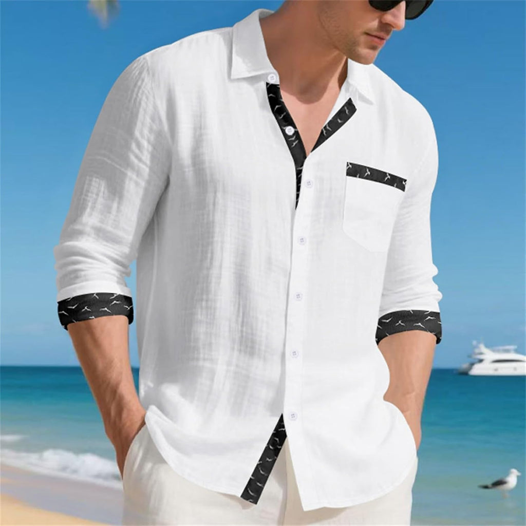 Herrskjorta linne hawaiiansk skjorta herr andningsbar skjorta långärmad chic skjorta överdimensionerad sommartopp med krage ledig minimalistisk baggy topp