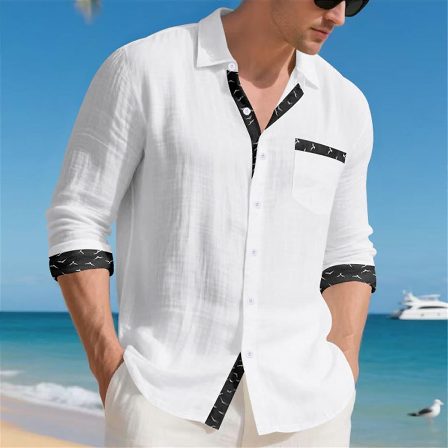 Herrskjorta linne hawaiiansk skjorta herr andningsbar skjorta långärmad chic skjorta överdimensionerad sommartopp med krage ledig minimalistisk baggy topp
