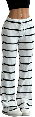 SOLY HUX Dambyxor, randiga sommarbyxor, långa utsvängda byxor, leggings med dragsko, fritidsbyxor, drop midja, jogging, casualshorts, sommarkläder