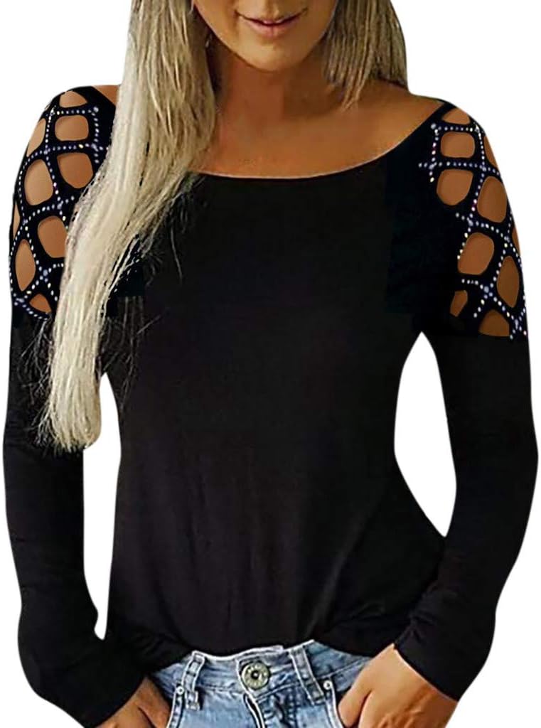 Kanpola sweatshirt damer glänsande diamant långärmad blusskjorta vår sommar toppar tunika toppar sexig ihålig tröja kvinnor skjorta blus lös avslappnad t-shirt, svart, M