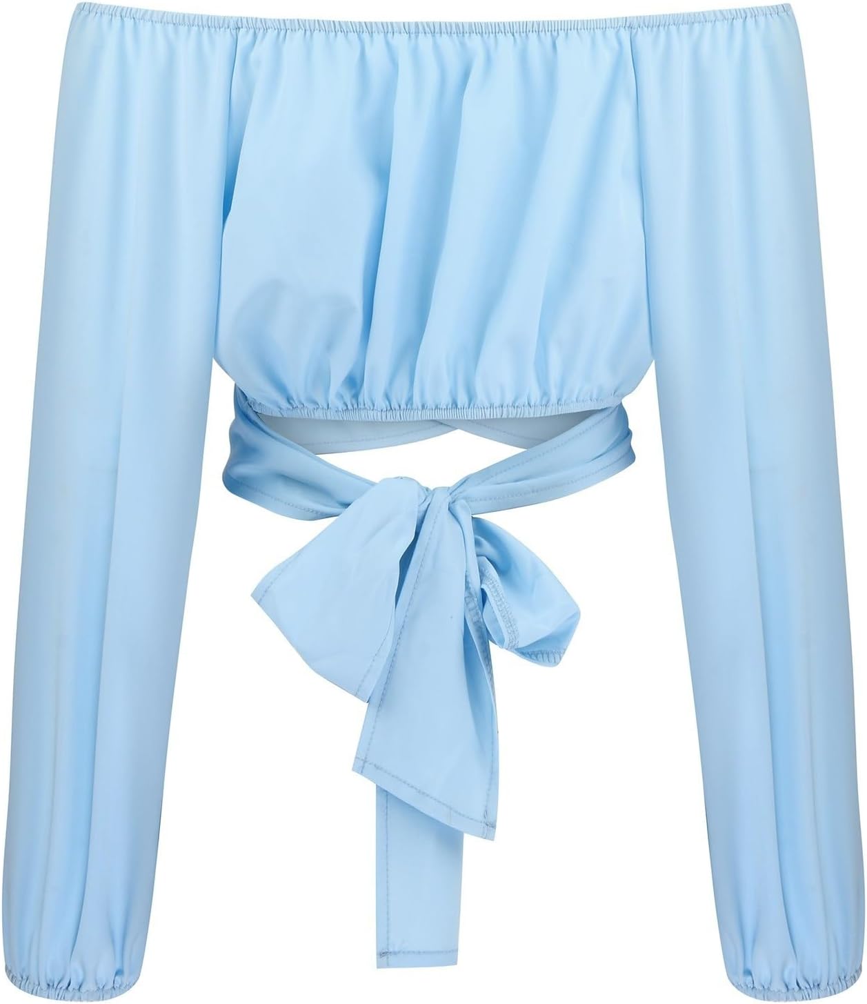 Off Shoulder Dam Crop Top Elegant Lanternärm Långärmad Rynkad Knytskärp Blus Sexy Shirt Semester Party Clubwear