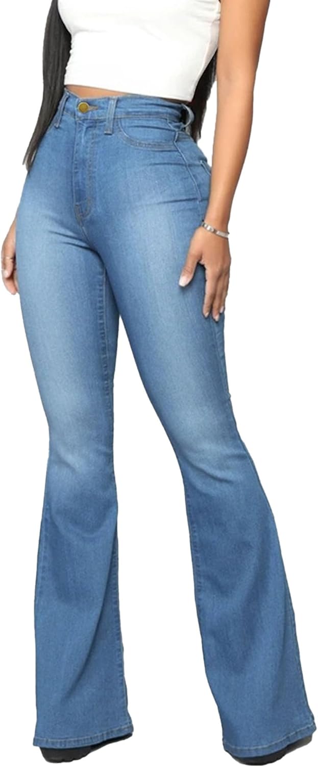 Kurviga jeans för kvinnor Damjeans med hög midja, utsvängda jeans, bootcut med stretch, vida ben och casual byxor