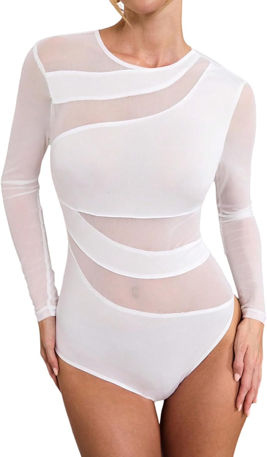 GORGLITTER Dambodysuit, elegant bodysuit, med genomskinligt nät, överdel, långärmad, bodys, nätskjorta, höst, festival, outfit