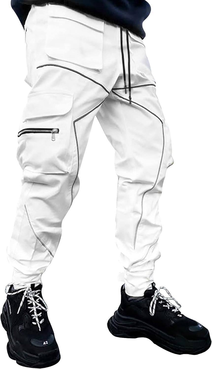 AIEOE Cargobyxor, herr, hip hop, techwear, cargobyxor med reflekterande ränder, streetwear, punkbyxor, joggingbyxor, joggingbyxor med fickor, elastisk linning
