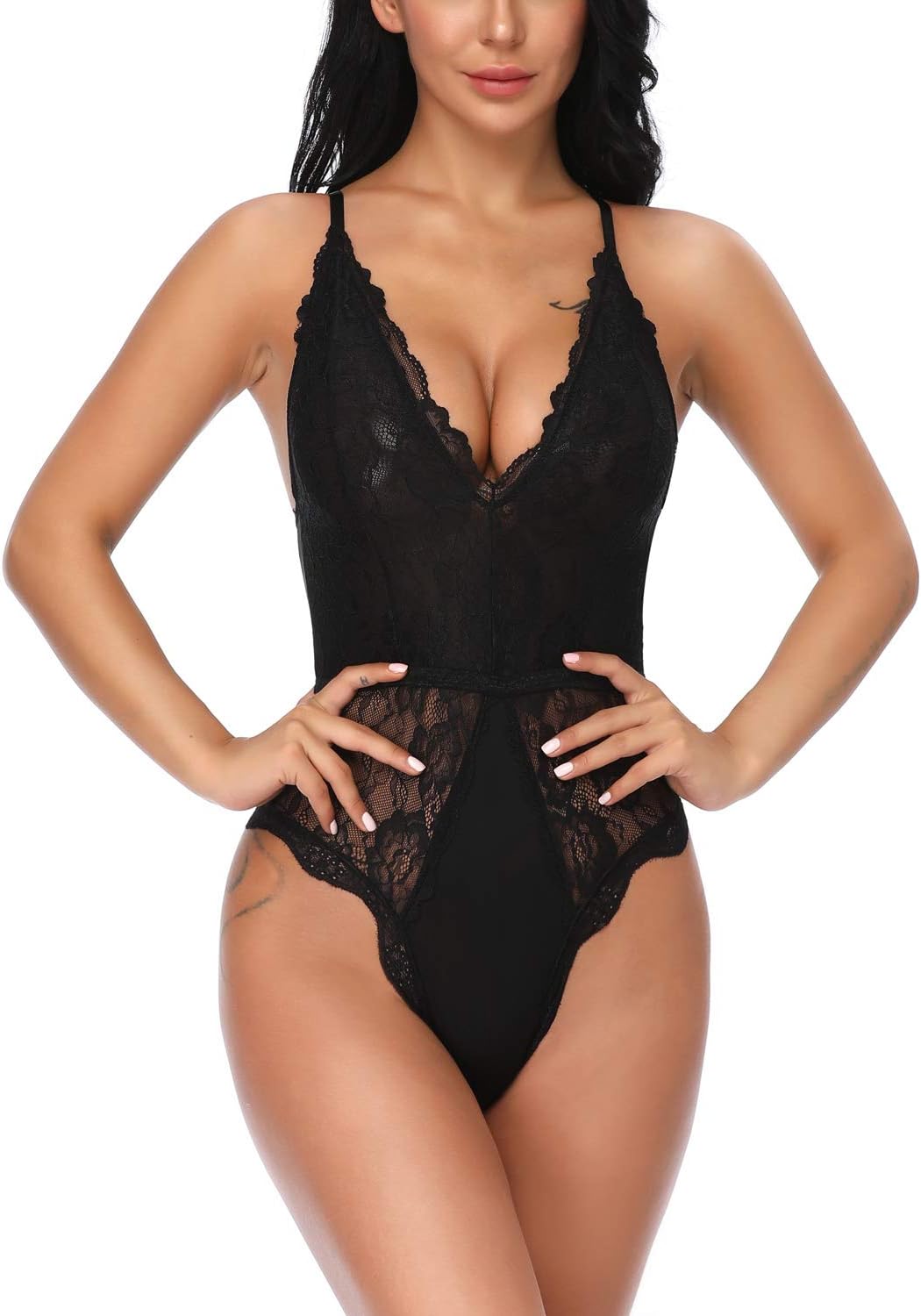 EVELIFE Dam Sexiga Teddy Underkläder One Piece Spets Babydoll Bodysuit med Djup V-ringad