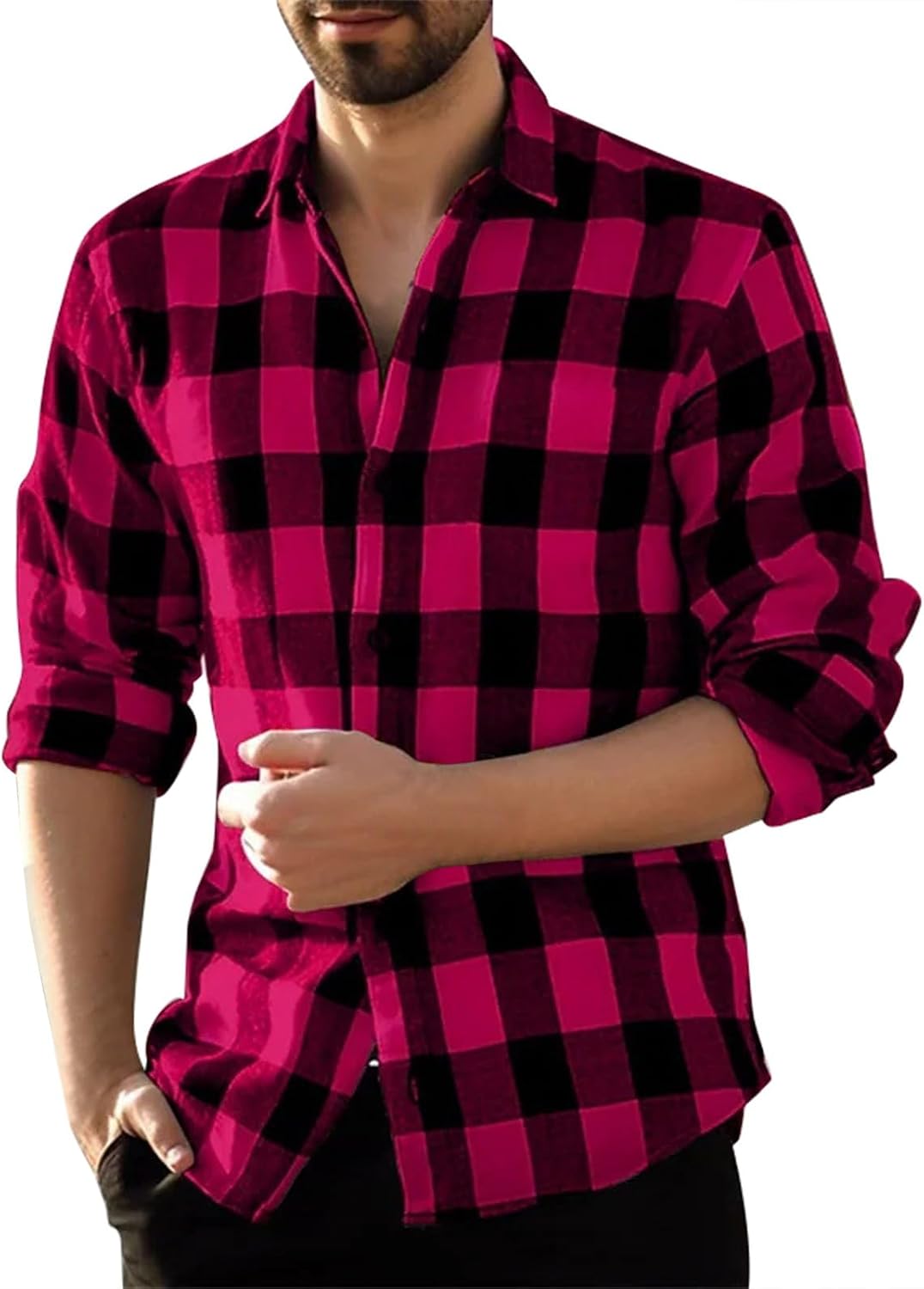 Långärmad vardaglig rutig flanellskjorta, rutig tartan button-down-skjortor för män nedfällbar krage mode avslappnad skjorta med knappar urban stilren herr toppar avslappnad smart långärmad