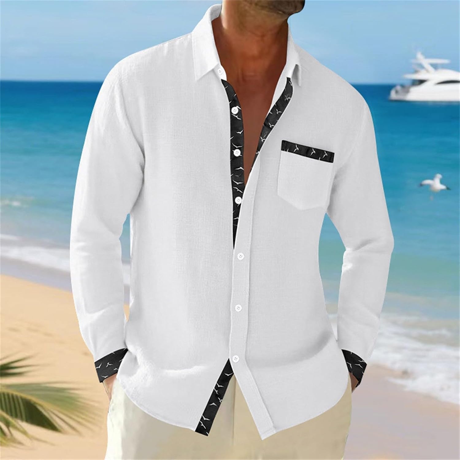 Herrskjorta linne hawaiiansk skjorta herr andningsbar skjorta långärmad chic skjorta överdimensionerad sommartopp med krage ledig minimalistisk baggy topp