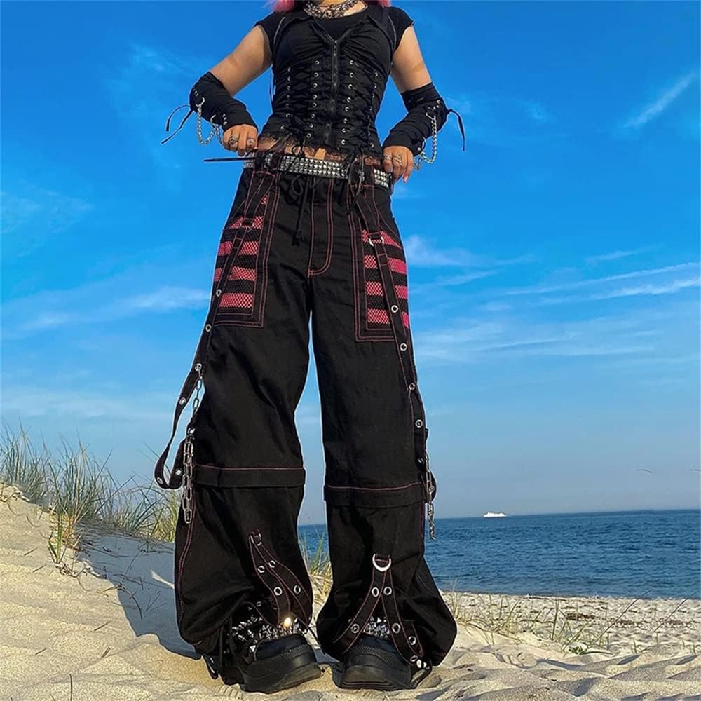 Kvinnor Y2k-jeans, gothstil, byxor i punkig emostil, säckiga, utsvängda jeans, breda ben, Harajuku grunge-byxor, hiphop-kläder