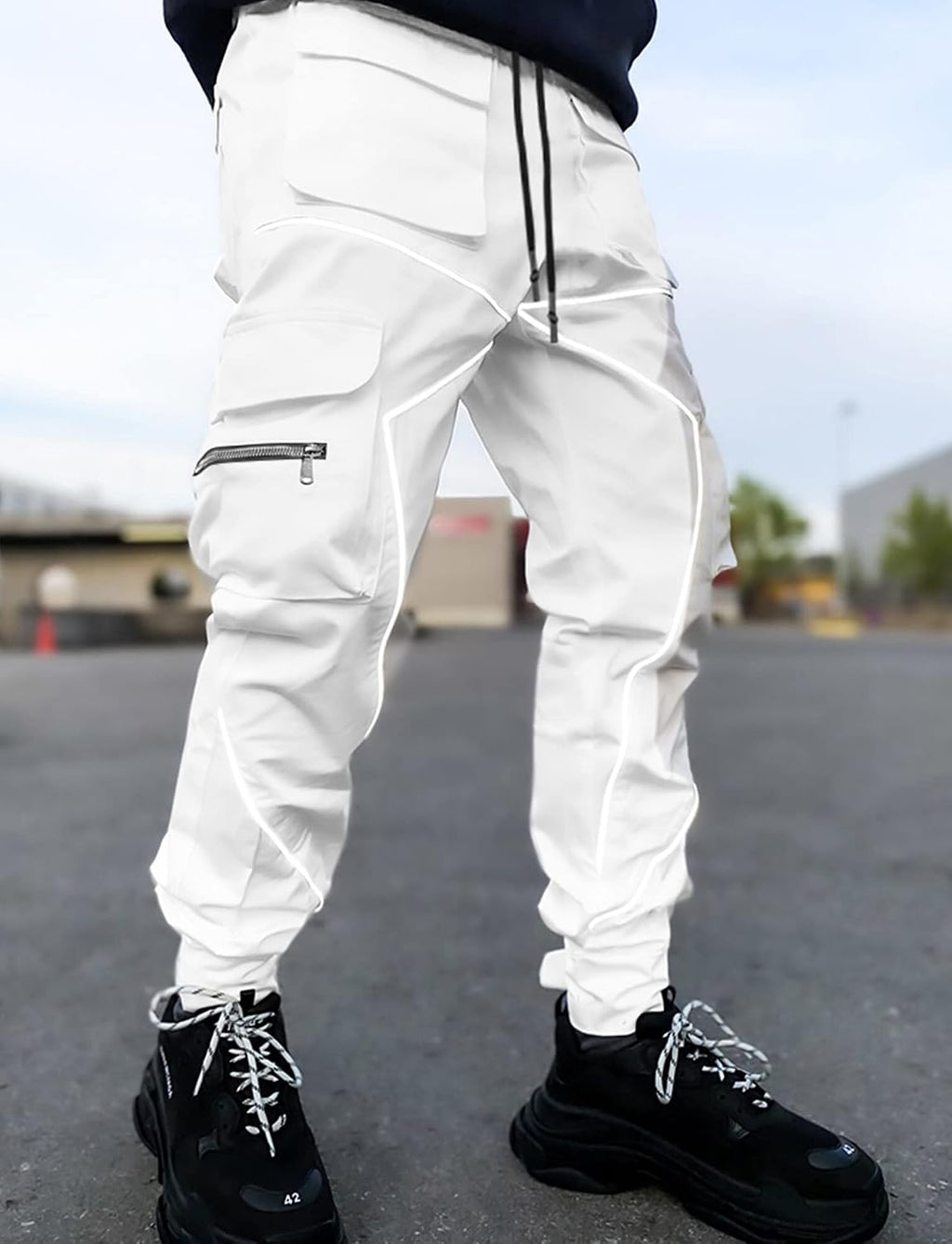 AIEOE Cargobyxor, herr, hip hop, techwear, cargobyxor med reflekterande ränder, streetwear, punkbyxor, joggingbyxor, joggingbyxor med fickor, elastisk linning