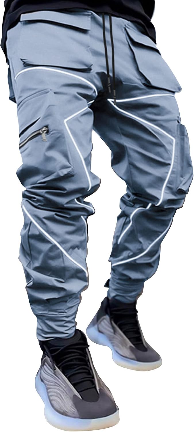 AIEOE Cargobyxor, herr, hip hop, techwear, cargobyxor med reflekterande ränder, streetwear, punkbyxor, joggingbyxor, joggingbyxor med fickor, elastisk linning