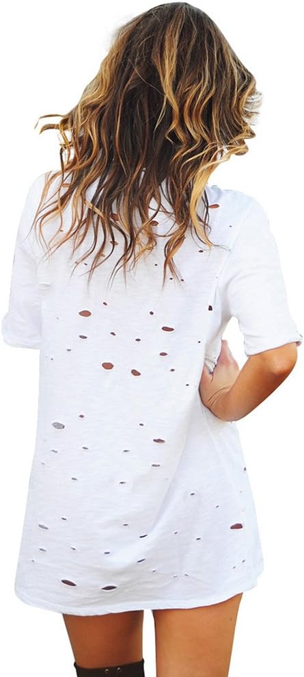 Uggla dam kortärmad T-shirt ripped casual tunika minitoppar klänning V-ringning topp blus stor storlek bandage enfärgad sommar, Vitt och blått, 44