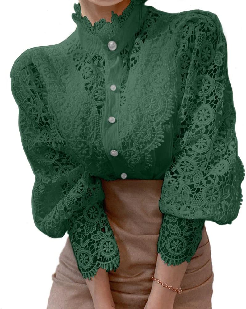Ståkrage för kvinnor, spetslappverk, skjortor, vardaglig, ihålig, blomma, kronblad, ärm, knapptoppar