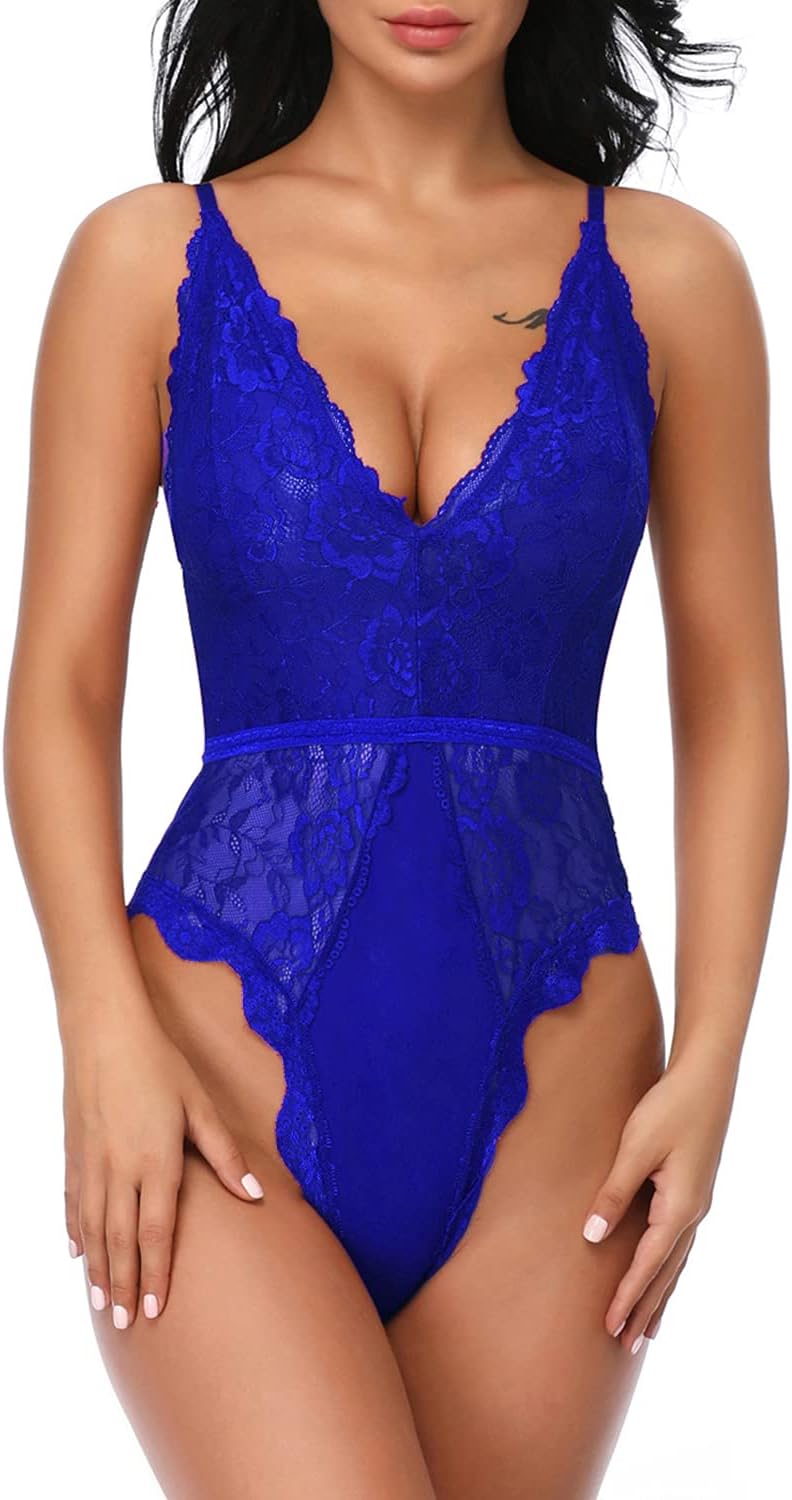 EVELIFE Dam Sexiga Teddy Underkläder One Piece Spets Babydoll Bodysuit med Djup V-ringad