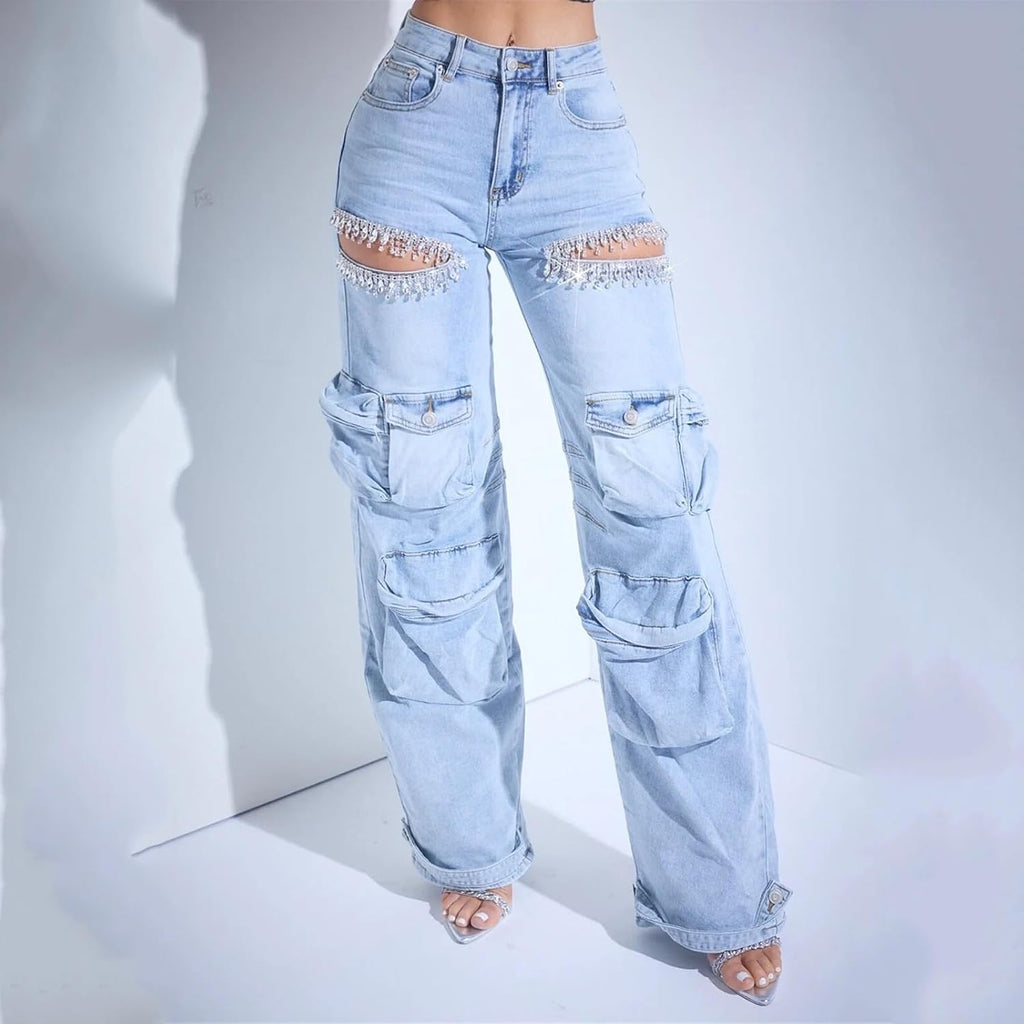 Kvinnor Baggy Ripped Jeans Strass High Waisted Cargo Jeans med Lockfickor Y2k Byxor med Vida Ben Streetwear Ripped Raka Jeans Sexiga Trendiga Jeans