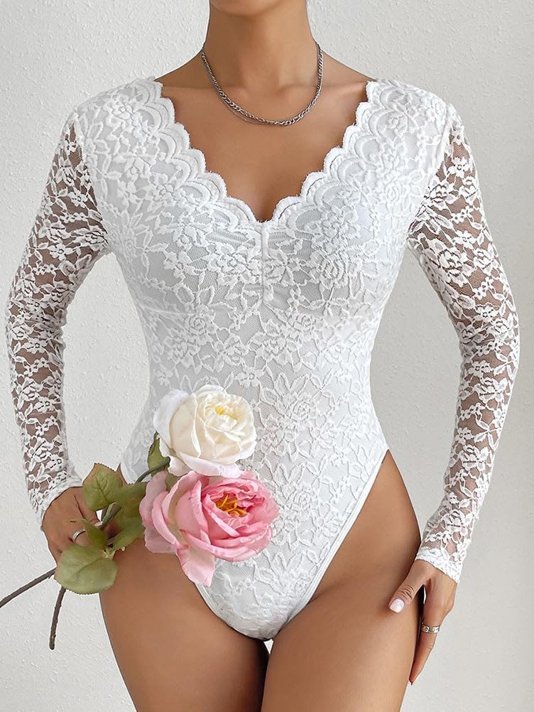 Generisk dambody med spetsar, långärmad eleganta bodys, sexig jumpsuit, toppar, bodysuit, stringtrosa, långärmad body, basic undertröja, V-ringad, party, topp, bustier, ledig, chic, body, spets, damer