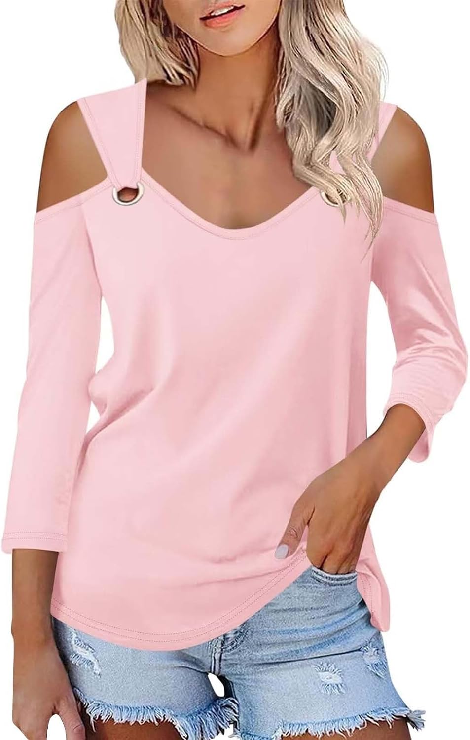 Enfärgad T-shirt för kvinnor, V-ringad och 3/4-ärmar i smal passform, sommarskjortor, topp, axellös, blustopp, toppar, eleganta fritidsskjortor, tryckt strandskjorta, t-shirt, stor storlek