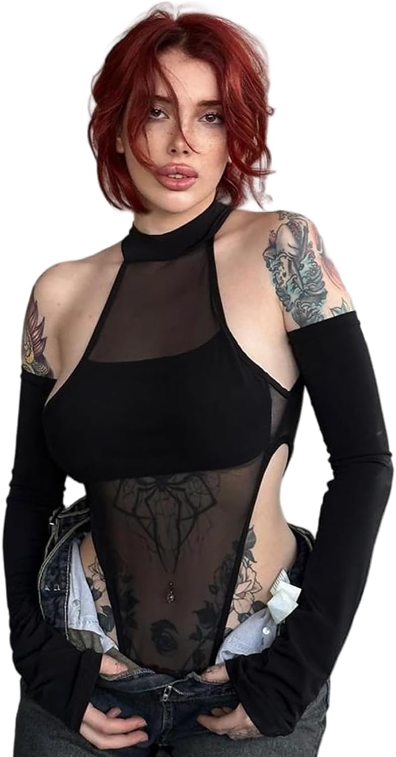 Damer långärmad mock neck sheer mesh top Y2k streetwear rave outfit