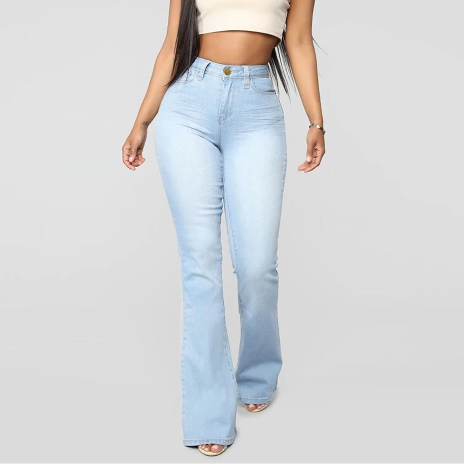 Kurviga jeans för kvinnor Damjeans med hög midja, utsvängda jeans, bootcut med stretch, vida ben och casual byxor