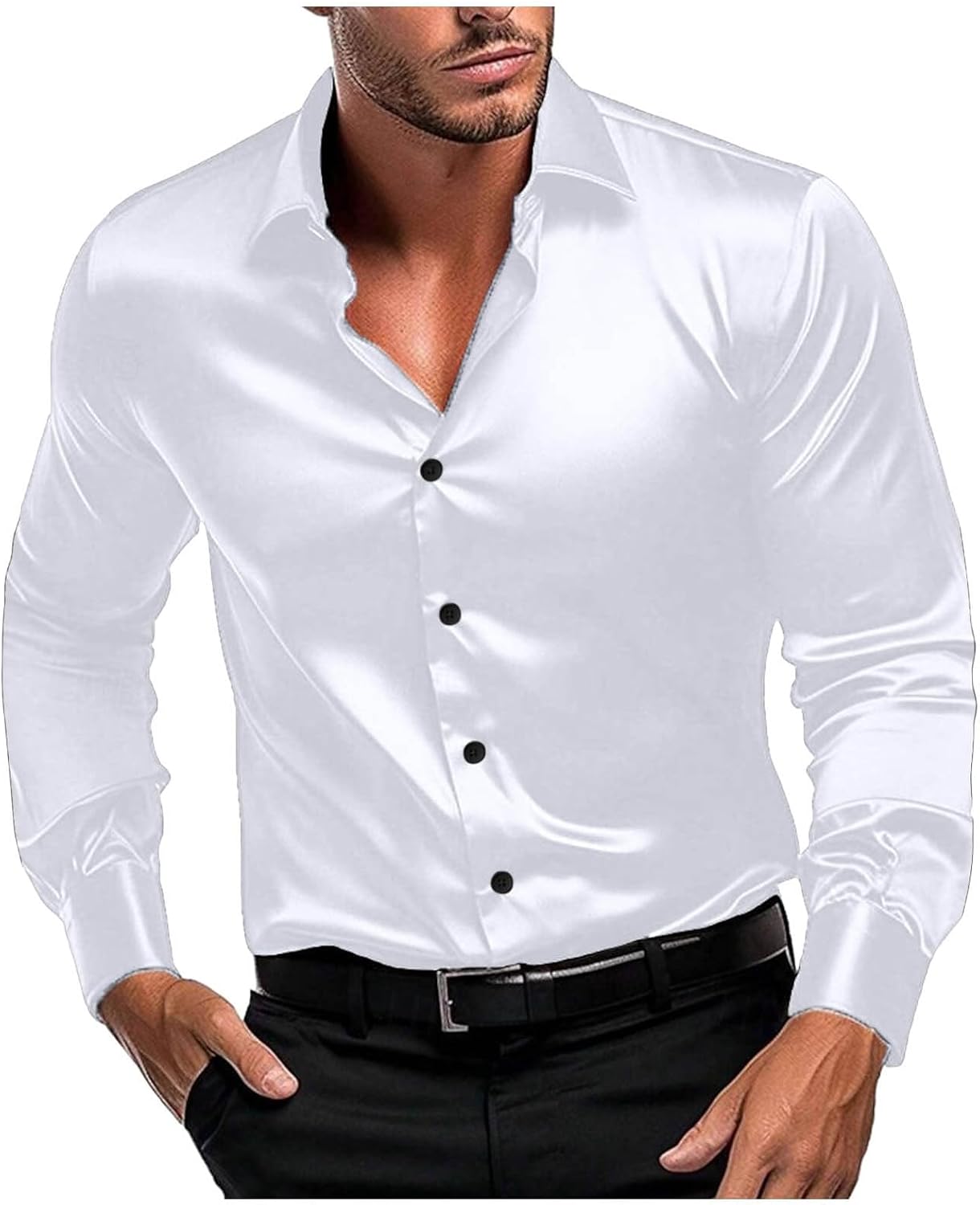 Herr lyx satinklänning skjortor glänsande siden som långärmad button down skjortor casual normal passform bröllop fest avslutningsbal toppar paljetter skjorta män