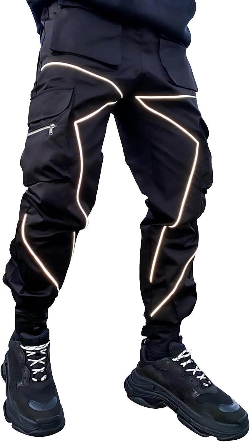 AIEOE Cargobyxor, herr, hip hop, techwear, cargobyxor med reflekterande ränder, streetwear, punkbyxor, joggingbyxor, joggingbyxor med fickor, elastisk linning