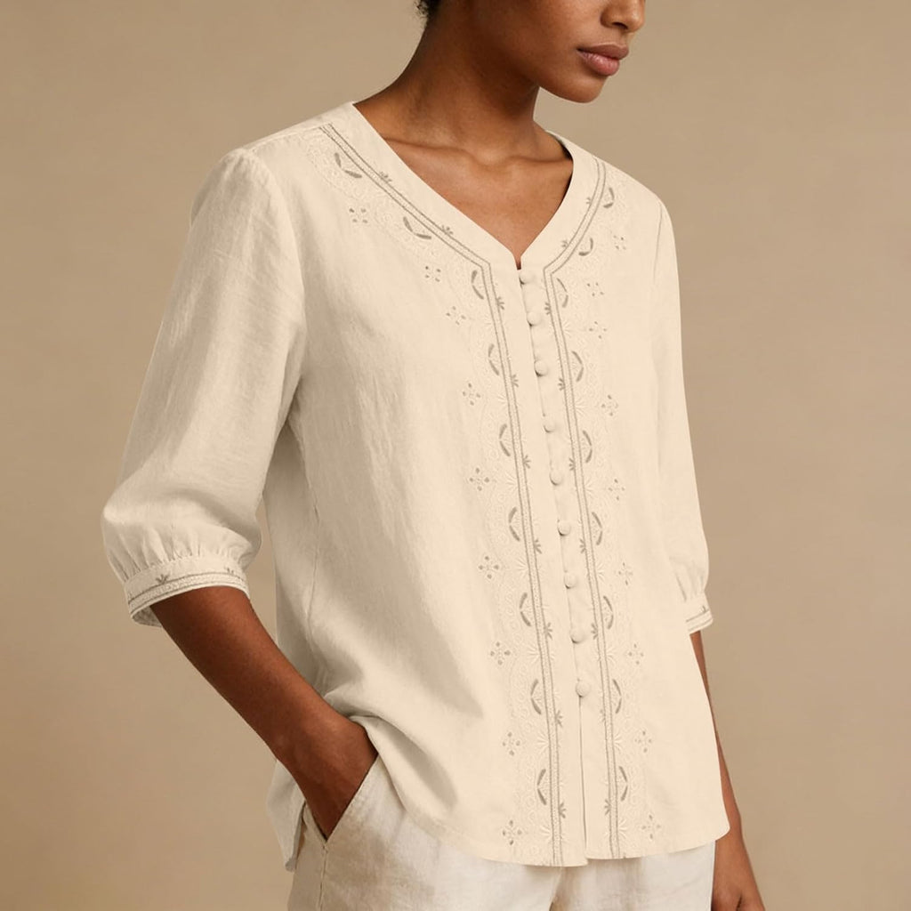 Kvinnors boho toppar bomull linne halvärm v-ringad retro broderade skjortor groda knapp kinesisk stil skjorta damer lös ledig sommar topp