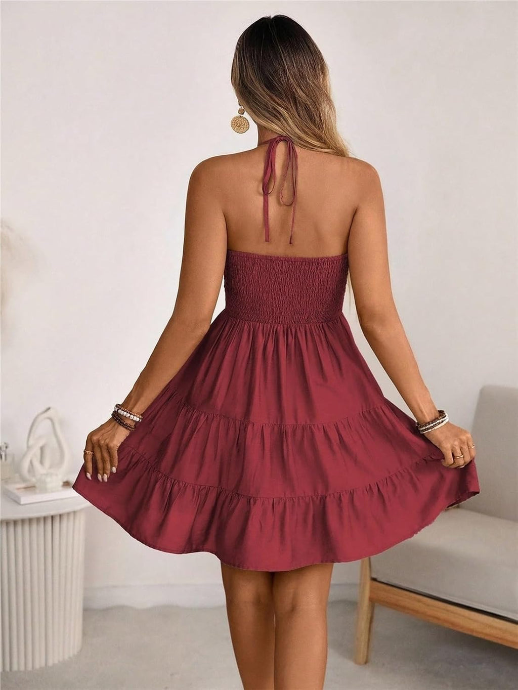 Kvinnors sommar miniklänning Grimma Rygglös Ärmlös A Line Ruffle Hem Flowy Cami Klänningar Sundress