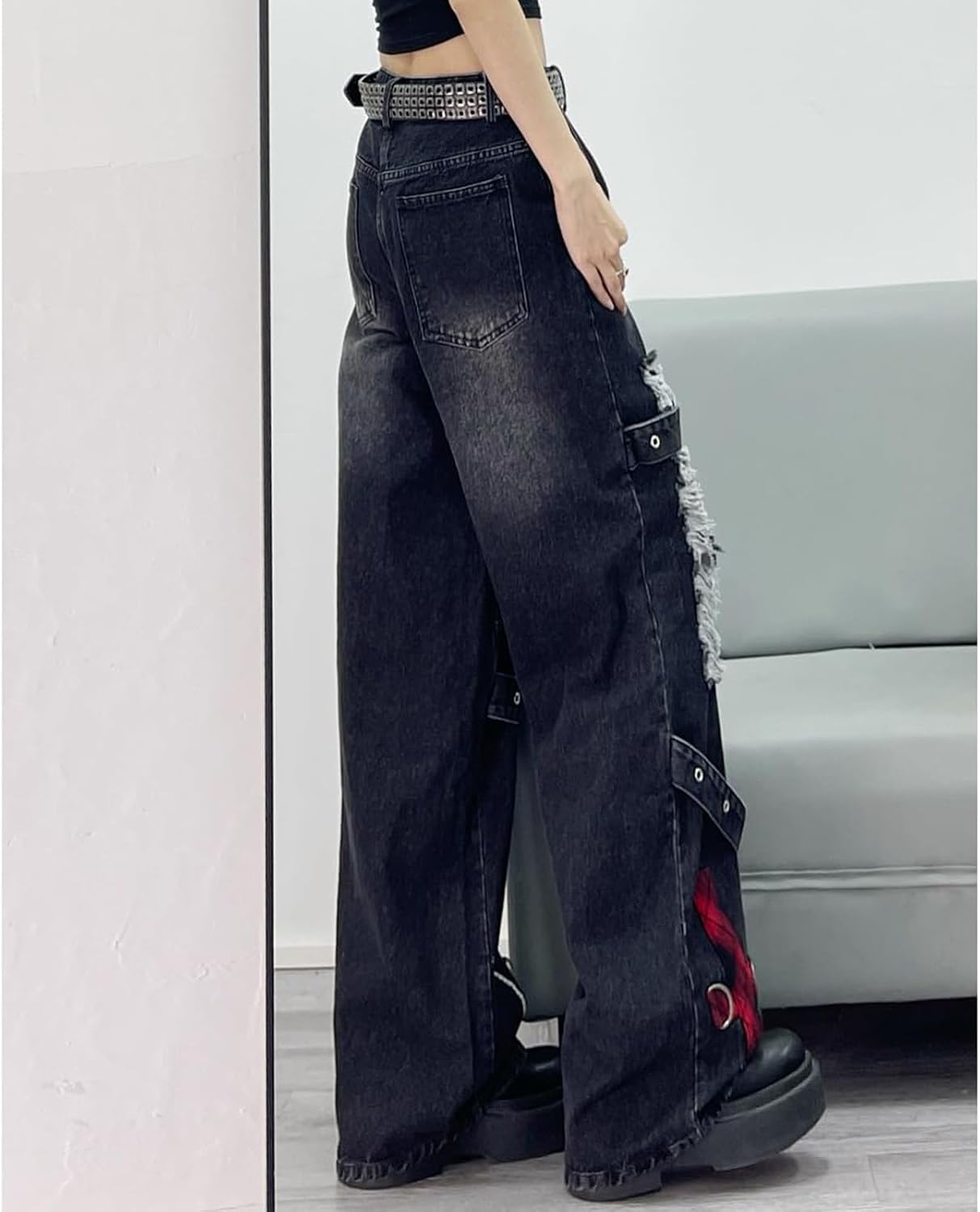 Y2K Ripped Grunge Baggy Jeans Byxor Emo Dam Goth Raka Ben Byxor Hög Midja Alt Y2K Kläder