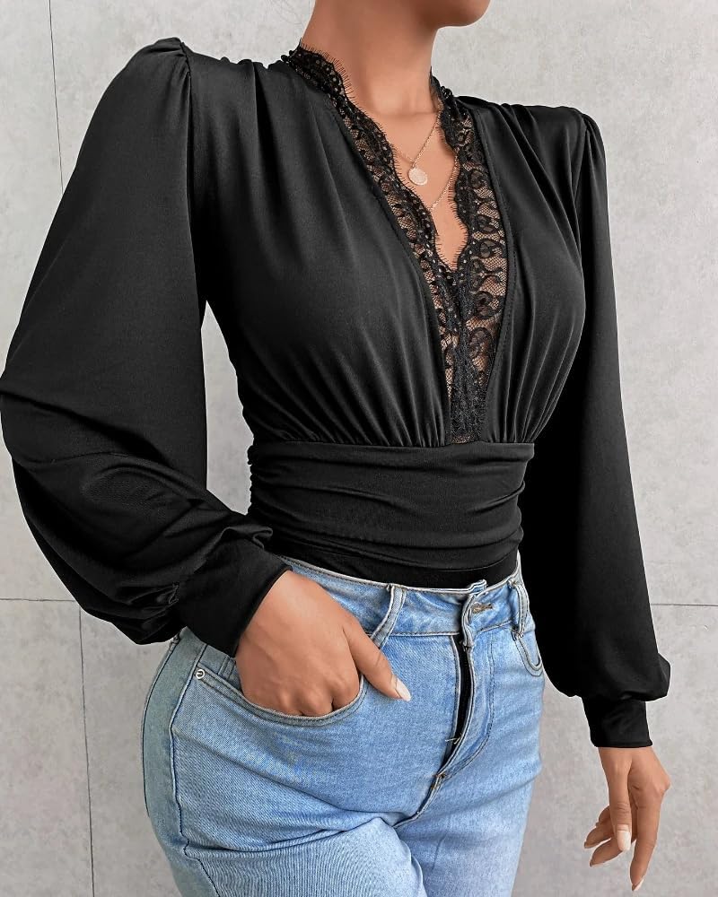 Dambody med spetsärmar, bodysuit djup V-ringning, spetstrimma, långärmad, chic, spetstopp, med spets, rygglös skjorta, stickad topp, elegant blus, topp, body skulptur