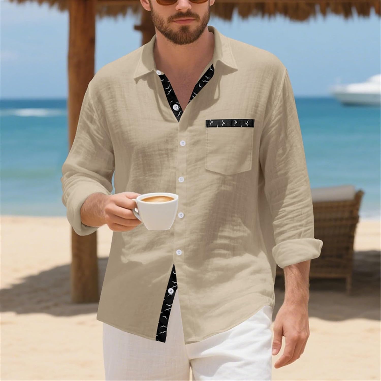 Herrskjorta linne hawaiiansk skjorta herr andningsbar skjorta långärmad chic skjorta överdimensionerad sommartopp med krage ledig minimalistisk baggy topp