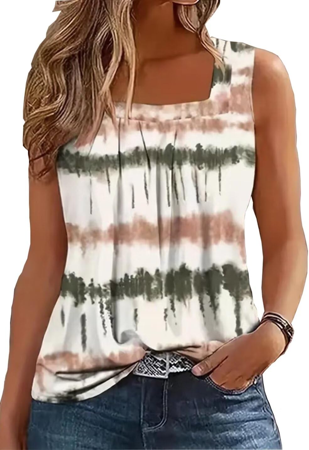 AIMITAG Färgblock veckad fyrkantig krage linne kvinnor randig tank t-shirt sommar ledig lös passform ärmlös skjorta