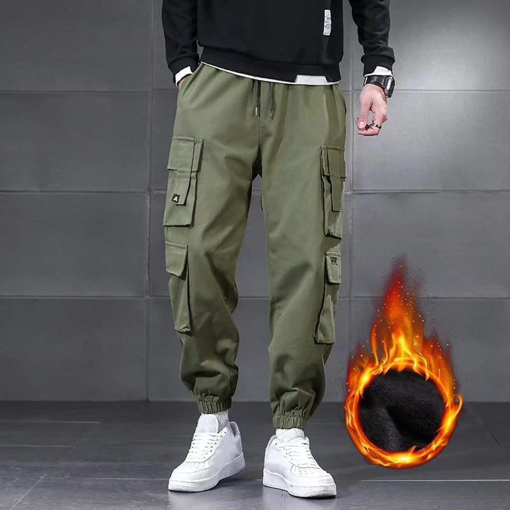 Cargobyxor herr bomull varma, herr fritidsbyxor med elastiskt band M-3XL, utomhusbyxor med fleecefoder lös passform, herrbyxor, smala ben, joggingbyxor, träningsbyxor med många fickor, termiska