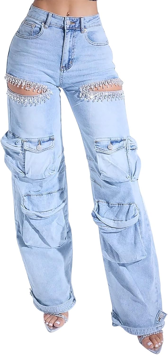 Kvinnor Baggy Ripped Jeans Strass High Waisted Cargo Jeans med Lockfickor Y2k Byxor med Vida Ben Streetwear Ripped Raka Jeans Sexiga Trendiga Jeans