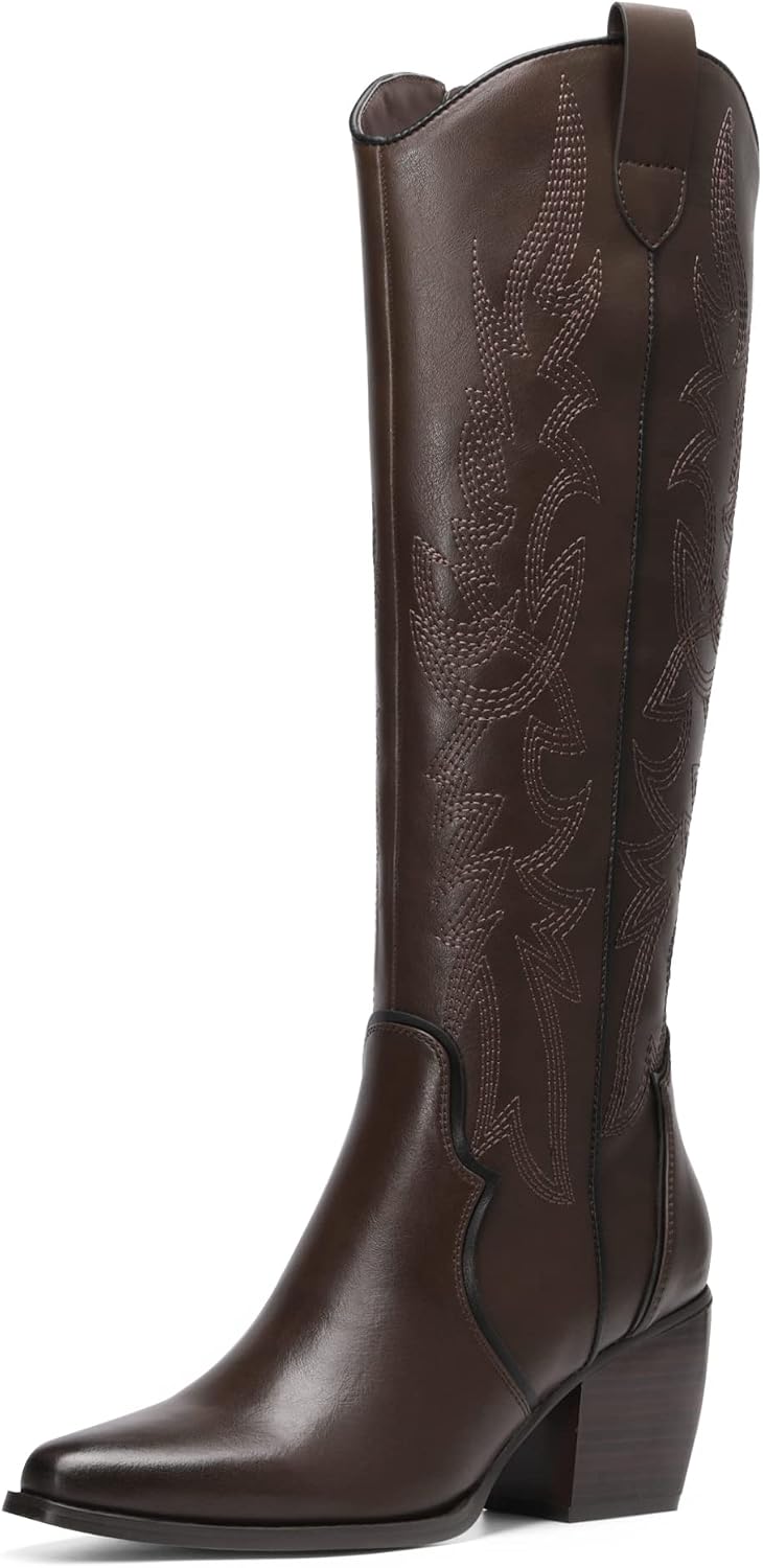 DREAM PARIRS Cowgirl stövlar bekväma dra på dragkedja tjock häl spetsig tå broderad western cowgirl knähöga stövlar flickor damer retro hög stövel