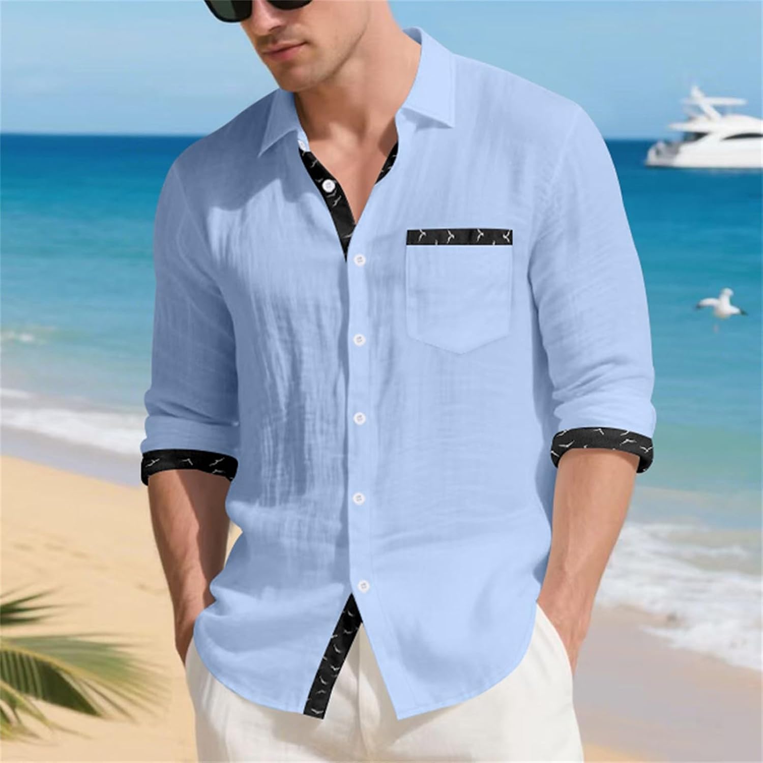 Herrskjorta linne hawaiiansk skjorta herr andningsbar skjorta långärmad chic skjorta överdimensionerad sommartopp med krage ledig minimalistisk baggy topp