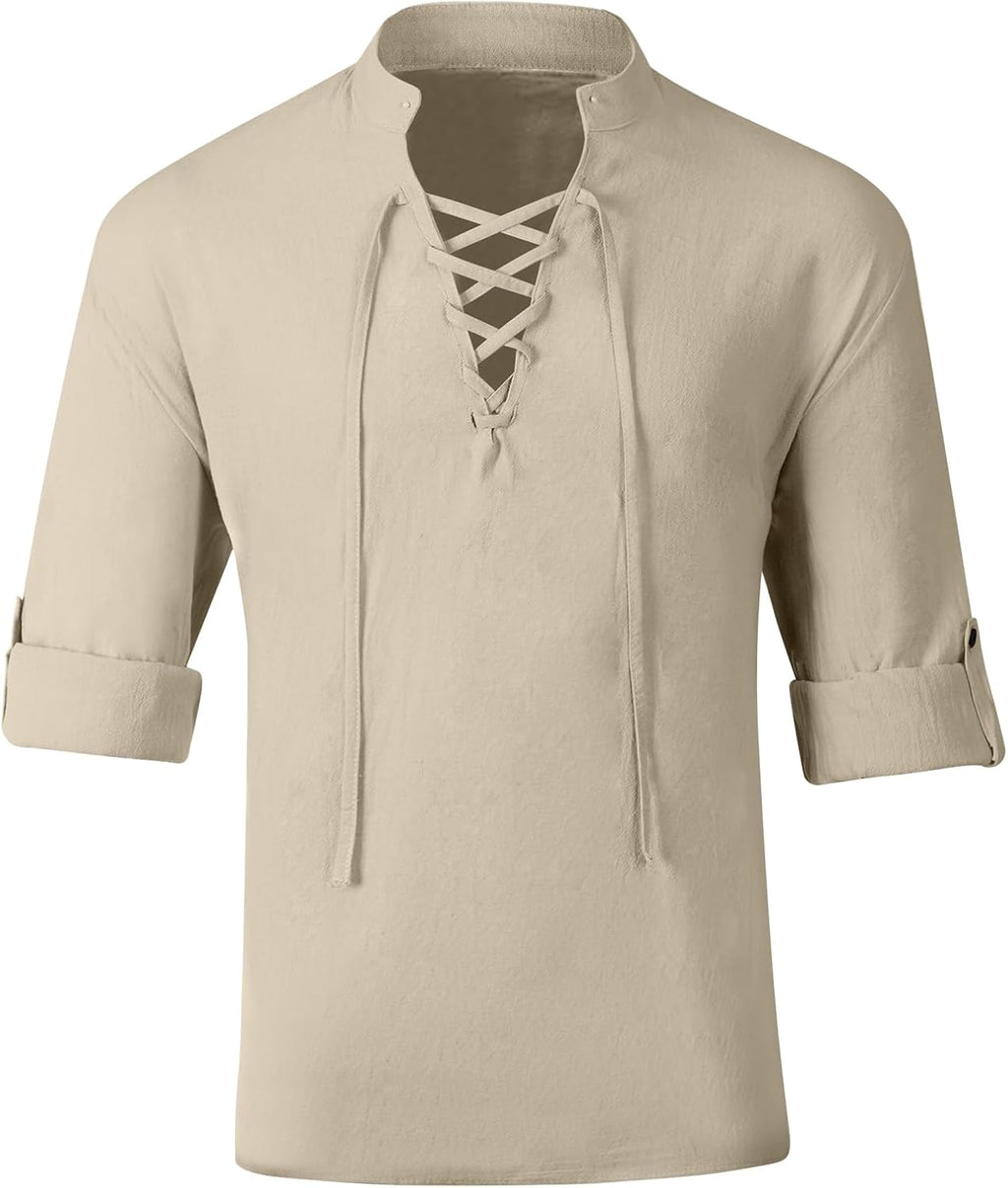 Medeltida skjorta herr piratskjorta långärmad fritidsskjorta herrskjorta 100 % bomull traditionell retrostil skjorta medeltida kostym viking halloween riddarskjorta renässans herrskjorta 2XL-3XL
