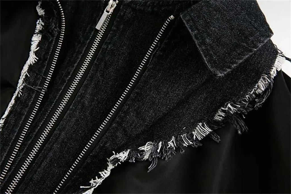 Fnfmrfmr Män Vintage Hip Hop Svarta Denim Jackor Tvättat Lappverk Dragkedja Casual Ytterkläder Rockar