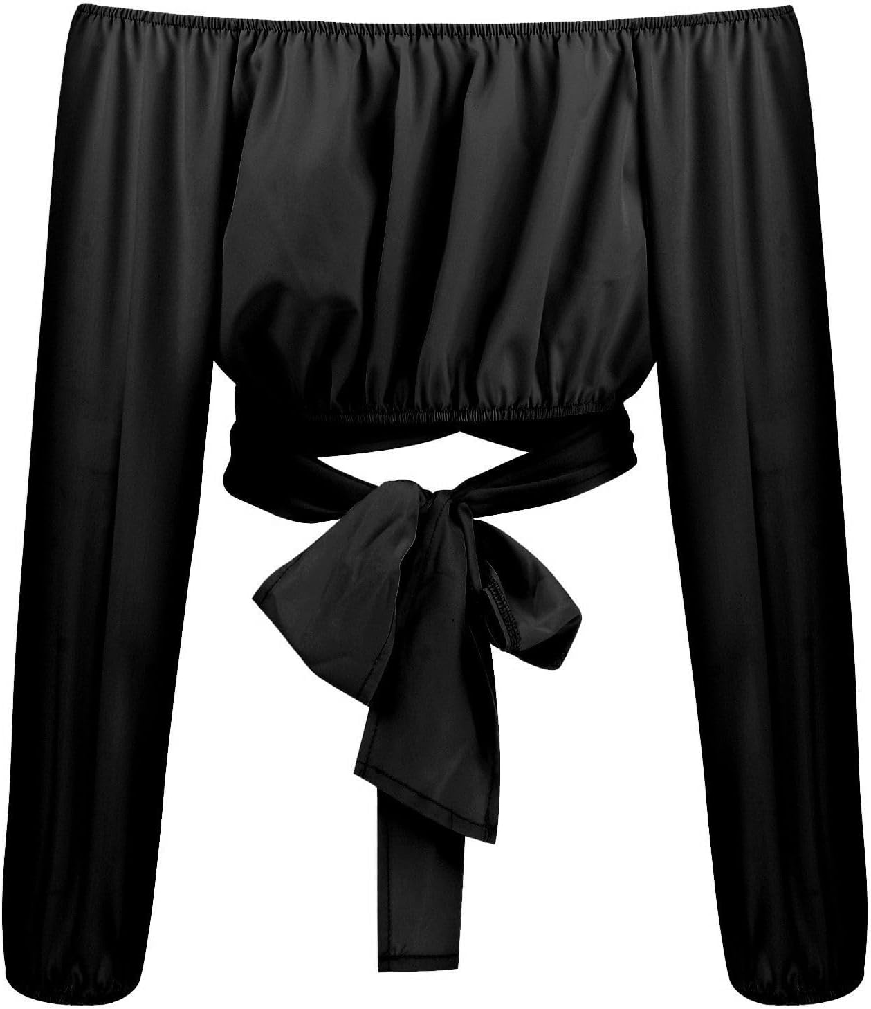 Off Shoulder Dam Crop Top Elegant Lanternärm Långärmad Rynkad Knytskärp Blus Sexy Shirt Semester Party Clubwear