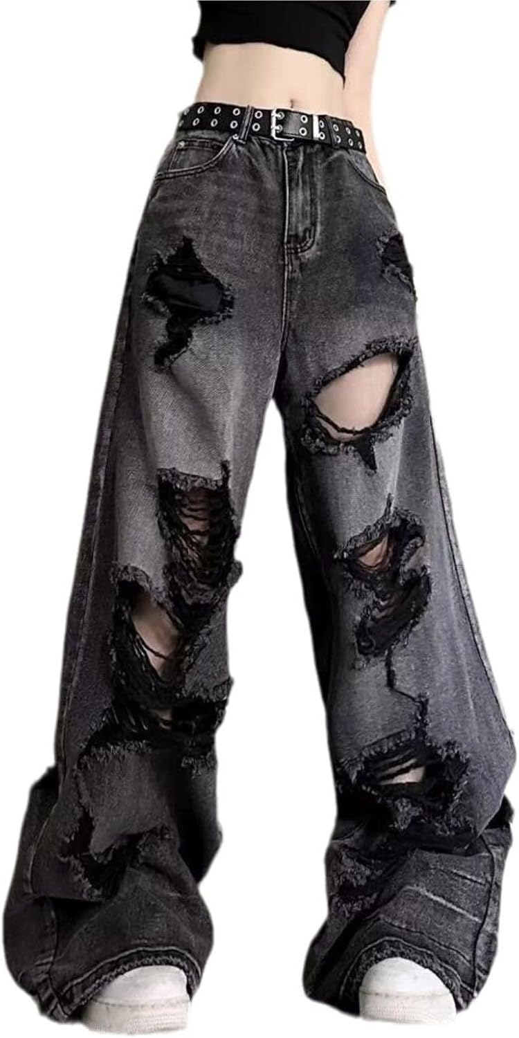 Dam Y2K Ripped Baggy Jeans - Hög midja, raka ben, grungebyxor, gothbyxor, 2000-talsmode