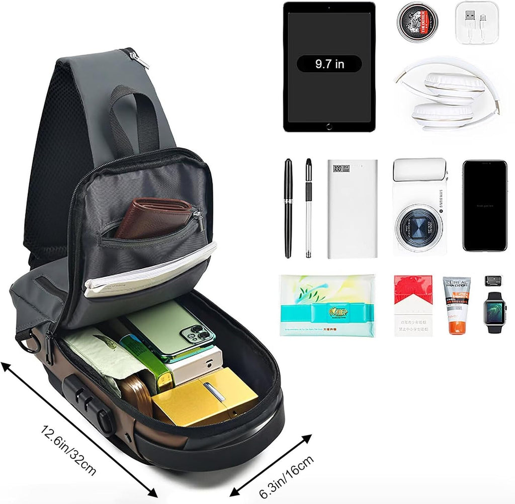 Axelväskor för män och kvinnor, vattentät bröstväska med USB-laddningsport stöldskydd lösenordslås crossbody ryggsäck liten flex axelväska för vandring cykling löpning resor