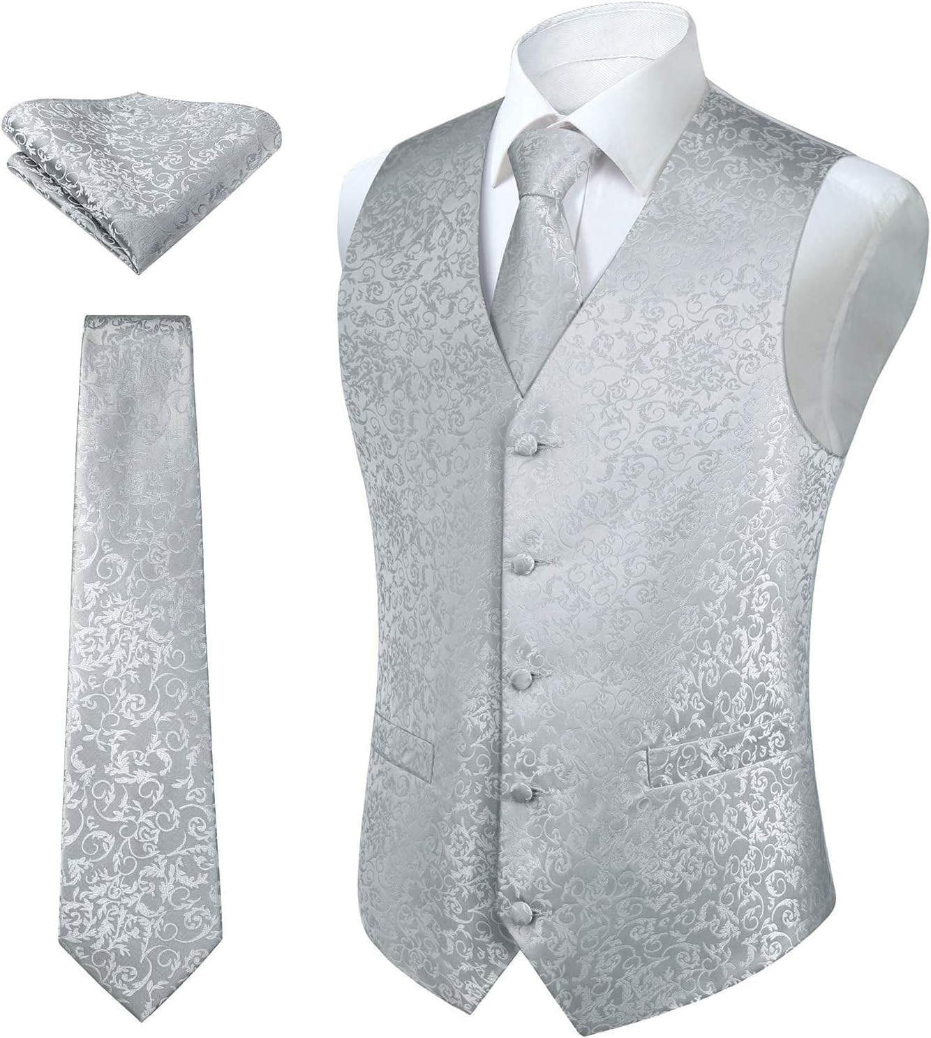 Hisdern Herrväst med paisleymönster, blommig jacquard-slips, bröstnäsduk och näsduk, perfekt för bröllop, fest eller affärsmöten, väst-set för kostym i storlekarna XS–6XL