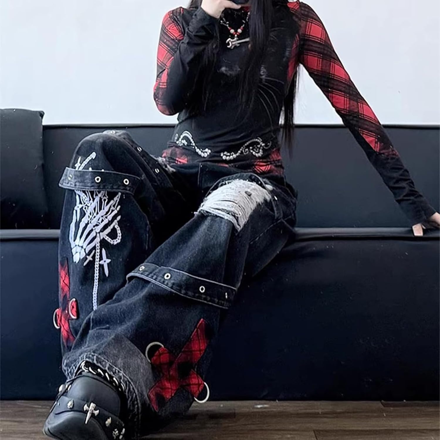 Y2K Ripped Grunge Baggy Jeans Byxor Emo Dam Goth Raka Ben Byxor Hög Midja Alt Y2K Kläder