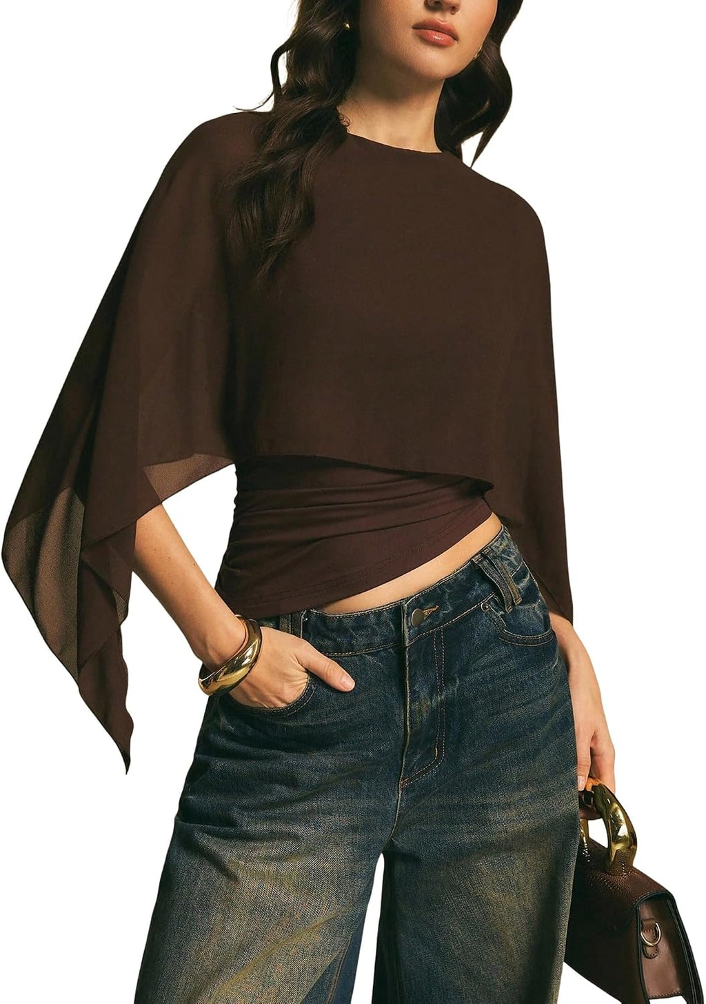 asymmetrisk blus för kvinnor med sheer chiffongponcho, eleganta skjortor topp kläder streetwear sommar fest klubb kläder