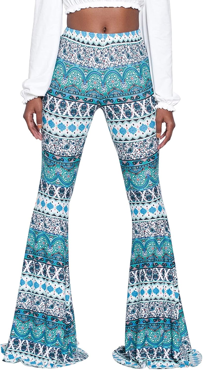 Nuofengkudu Dam vintage tryckta långa utsvängda byxor hög midja stretchiga vida ben yogabyxor