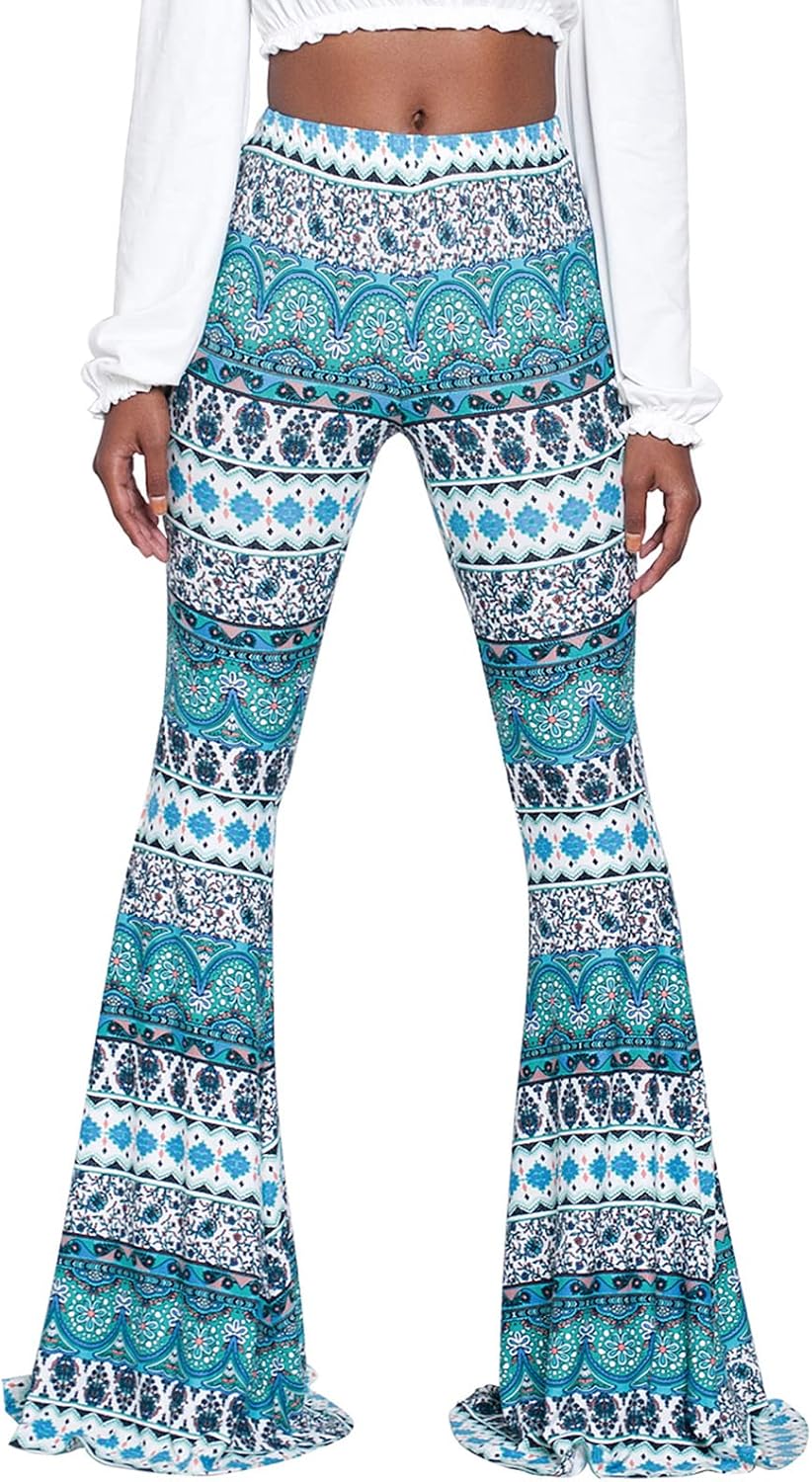Nuofengkudu Dam vintage tryckta långa utsvängda byxor hög midja stretchiga vida ben yogabyxor