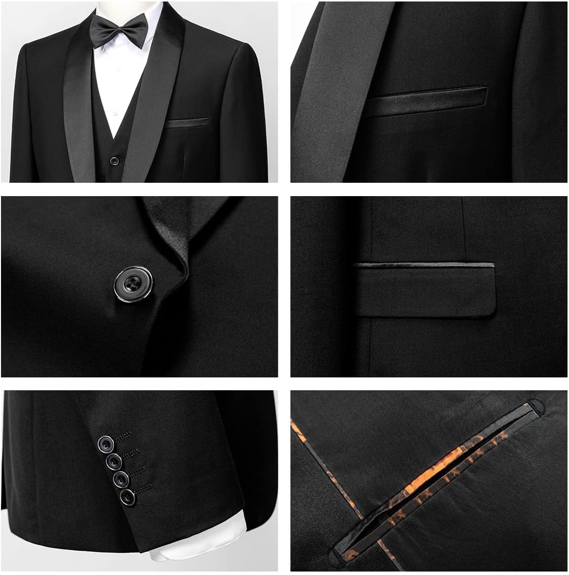 Herrar 3 stycken kostym slim fit en knapp halsduk revers för bröllop bal kavaj väst byxor set
