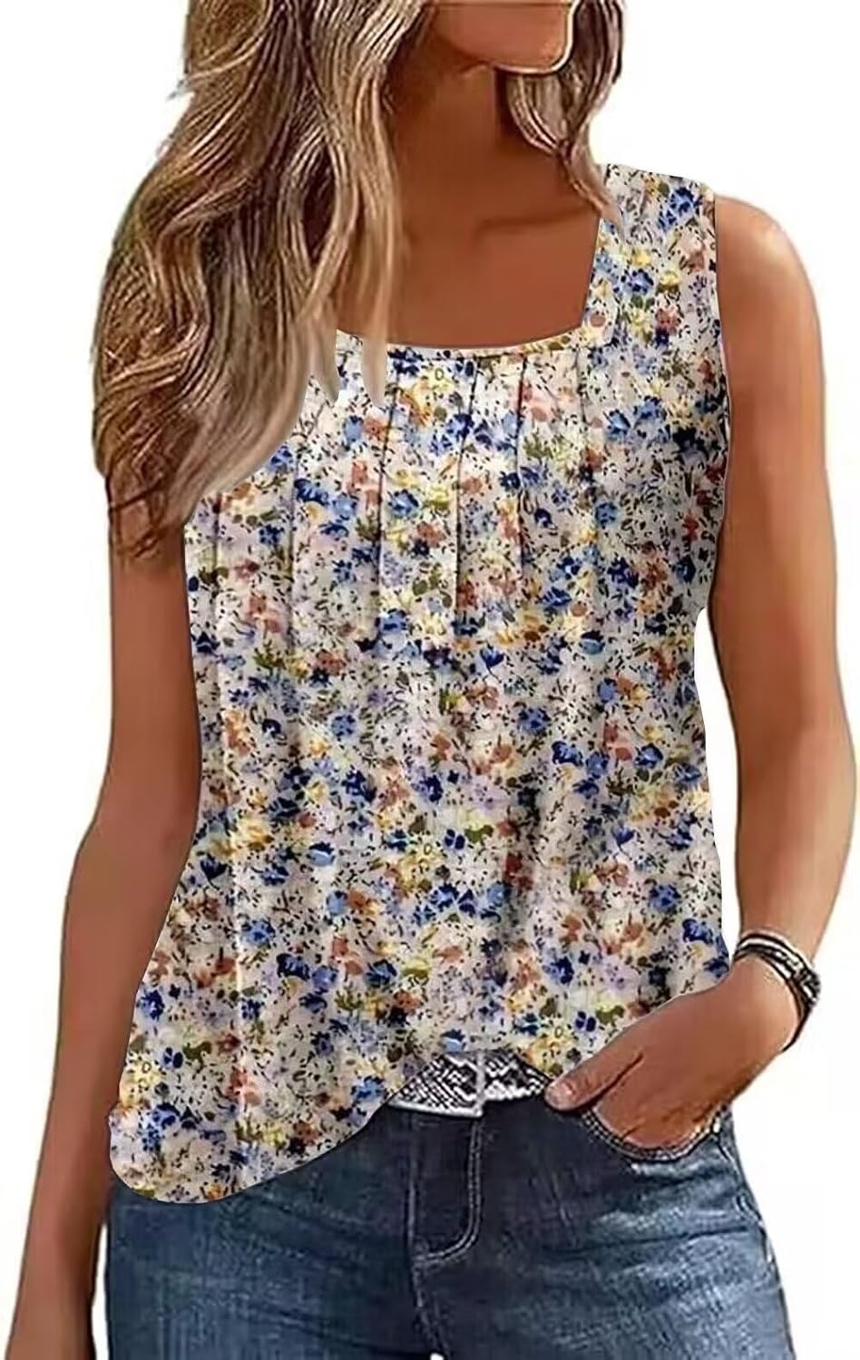 AIMITAG Färgblock veckad fyrkantig krage linne kvinnor randig tank t-shirt sommar ledig lös passform ärmlös skjorta