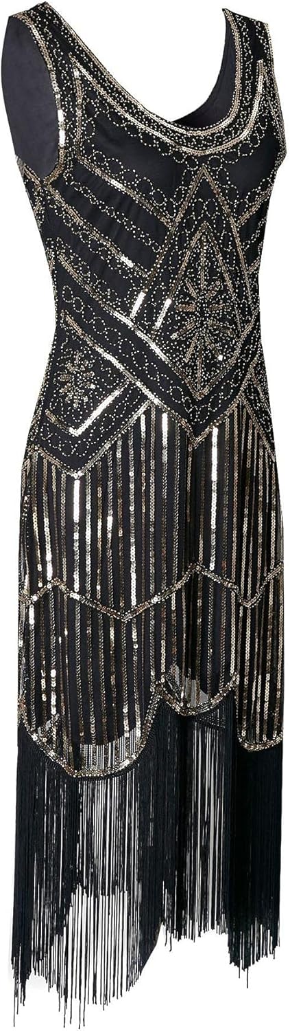 Hahaemma 1920-tals-vintageklänning, flapper-/charleston-klänning, Great Gatsby, med paljetter, tofsar och fåll, som examensbalklänning, aftonklänning, cocktailklänning eller kostymklänning